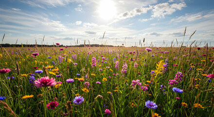 Colorful Wildflower Meadow At Sunset