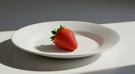Single Ripe Strawberry On White Plate
