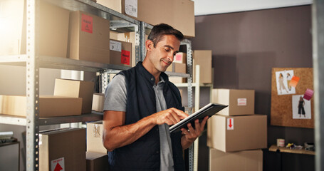 Supply chain, man and smile with tablet for delivery, distribution and quality control for...