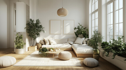 Minimalist Scandinavian living room with cozy neutral decor, large windows, indoor plants, wooden furniture, and natural light for a relaxing atmosphere , mockup wall art
