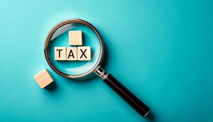 magnifying glass hovering over TAX blocks, symbolizing scrutiny and analysis, with a clean background