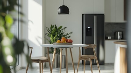 Modern kitchen, sunny dining area, interior design, home decor,  bright, minimalist, spacious, fresh