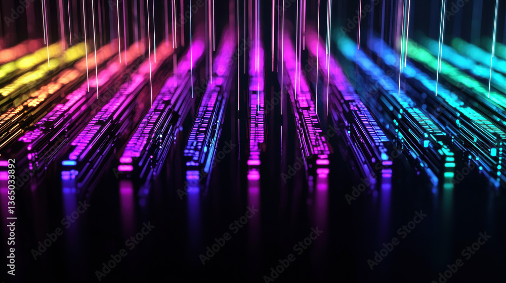 Poster futuristic neon digital rain cascades in vibrant colors, creating mesmerizing dynamic visual effect