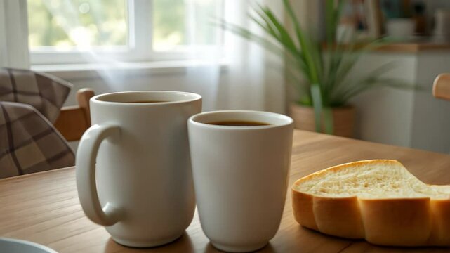 Two steaming coffee cups beside a slice of bread in a cozy kitchen  
