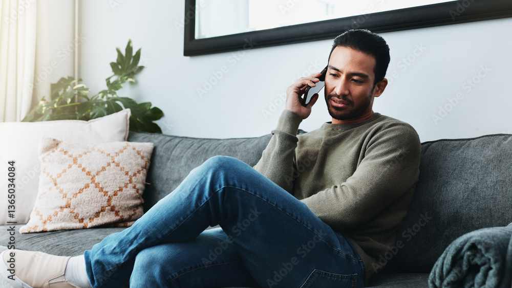 Aufkleber man, relax and sofa with phone call of remote work, discussion and update of financial proposal. mal