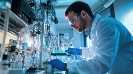 A renewable energy specialist working on hydrogen fuel cell technology, research lab with hydrogen fuel cell systems and testing equipment visible, High-tech style