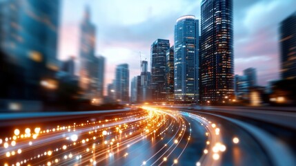 Fototapeta premium Illuminated city skyline with blurred traffic lights and a busy road at night Towering skyscrapers glowing lights