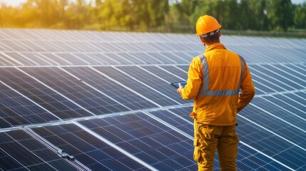 A renewable energy technician inspecting solar panel arrays, solar farm with panels and monitoring systems visible, High-tech style