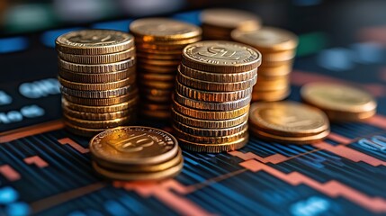 Successful investments and increasing profits in the stock market are represented by coin stacks placed on a financial chart showing positive growth.