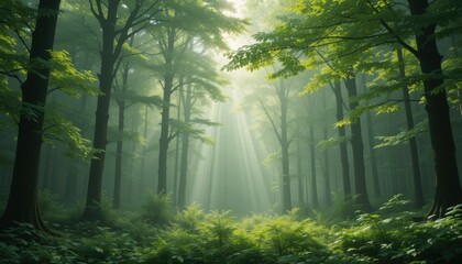 Obraz premium Paisaje forestal sereno con tonos verdes brumosos, luz solar moteada filtrándose a través de las hojas y una textura suave barrida por el viento