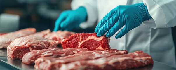 A food handler in gloves inspects various cuts of meat on a stainless steel surface, emphasizing hygiene and food preparation practices.