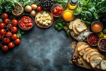 Fresh ingredients laid out on a rustic tabletop for a healthy meal preparation