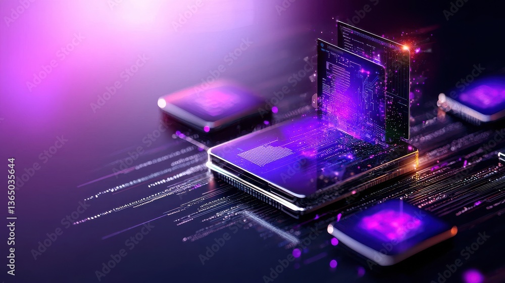 Poster futuristic abstract background with vivid neon light circuits glowing digital particles and dynamic 
