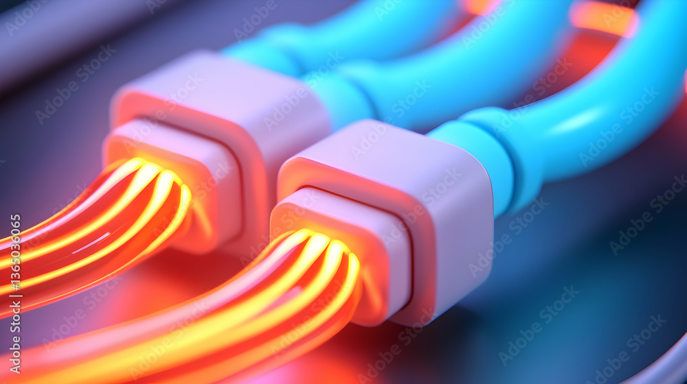 Poster close-up view of glowing red and blue cables connecting abstract network interface