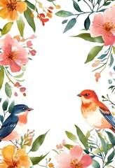 Fototapeta premium Watercolor birds nestled within vibrant floral and leafy decorative borders