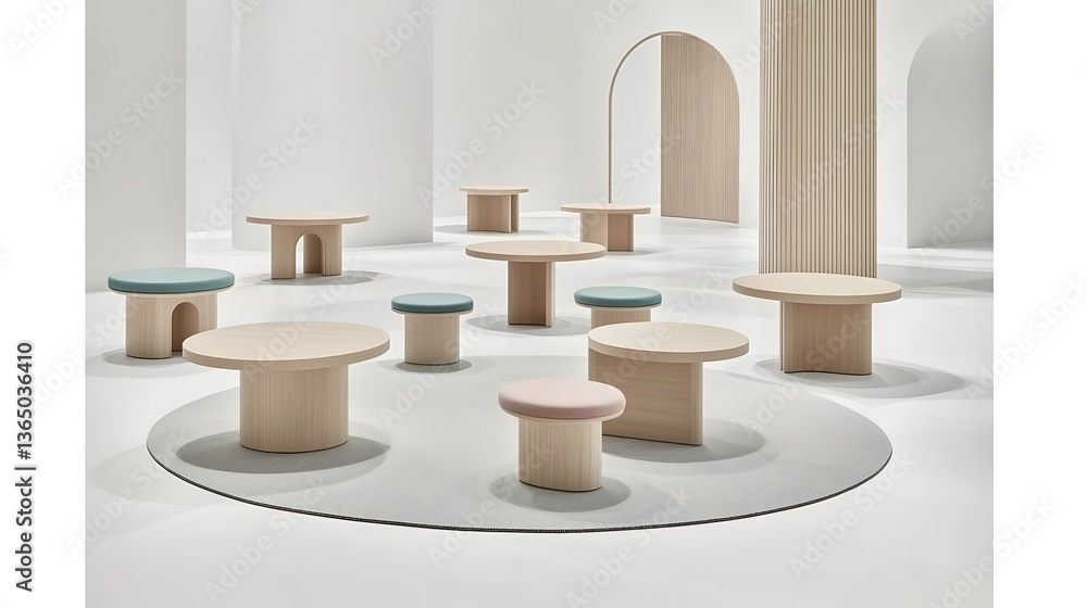 Poster many modern tables and stools arranged in a minimalist white space