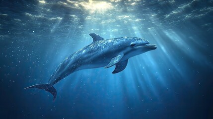 Fototapeta premium Sun rays through water-dolphin swimming in deep blue.