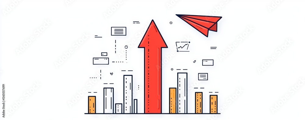 Aufkleber red arrow ascending above bar graph with paper airplane in a line art on white backdrop showcasing g