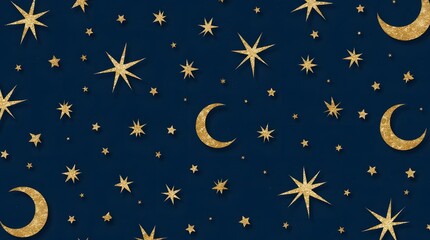 Golden Stars and Moons Seamless Pattern