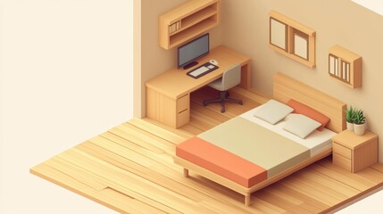 3D isometric bedroom interior design, simple, minimal, flat style, home decor, use for presentation, design ideas, or catalog