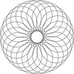 Black and white geometric design with interwoven loops and curves, forming a circular mandala-like pattern. Thin, evenly spaced lines create symmetry and balance. Highly detailed, precise, plain white