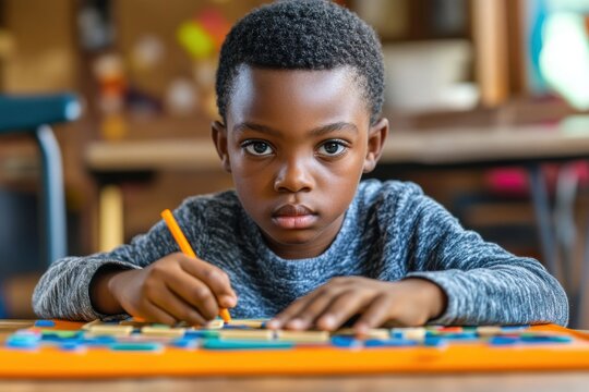 Focused child learns tactile writing skills with orange stylus and educational blocks on orange tray