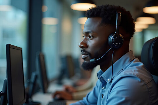 Photo Concept: Black male call center consultant assists customers over the phone, wearing a headset and looking at computer screen