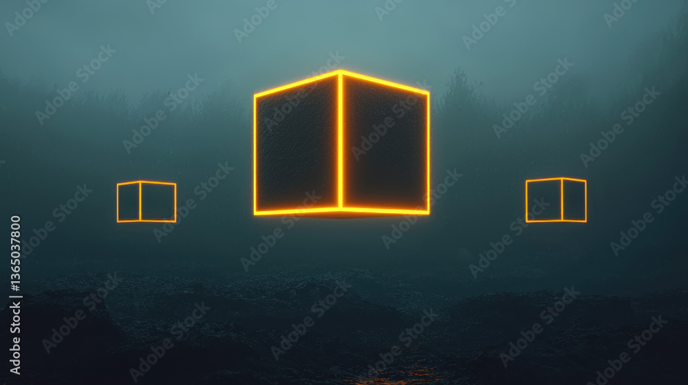 Poster glowing neon 3d cubes float in misty forest, creating surreal atmosphere