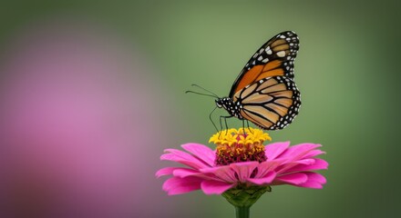 Fototapeta premium Monarch Butterfly on Pink Zinnia Flower