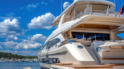 Fototapeta premium Luxury White Yacht Docked at Sunny Marina