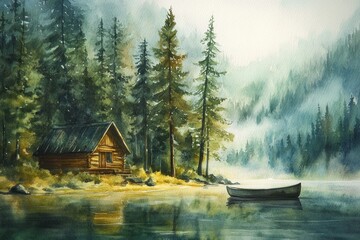 Fototapeta premium A watercolor painting of a lakeside cabin surrounded by trees