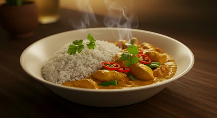 Hearty Chicken Curry With Steamed Rice On Wooden Table
