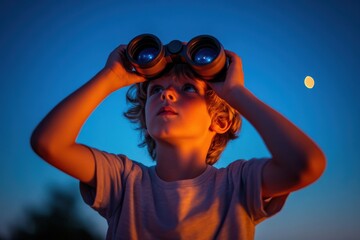 Boy looks up with binoculars at the night sky, illuminated by orange glow of the moon, contemplating astronomy