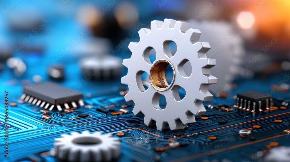 Poster close up view of a metallic gear cog mechanism on an electronic circuit board with blurred technolog