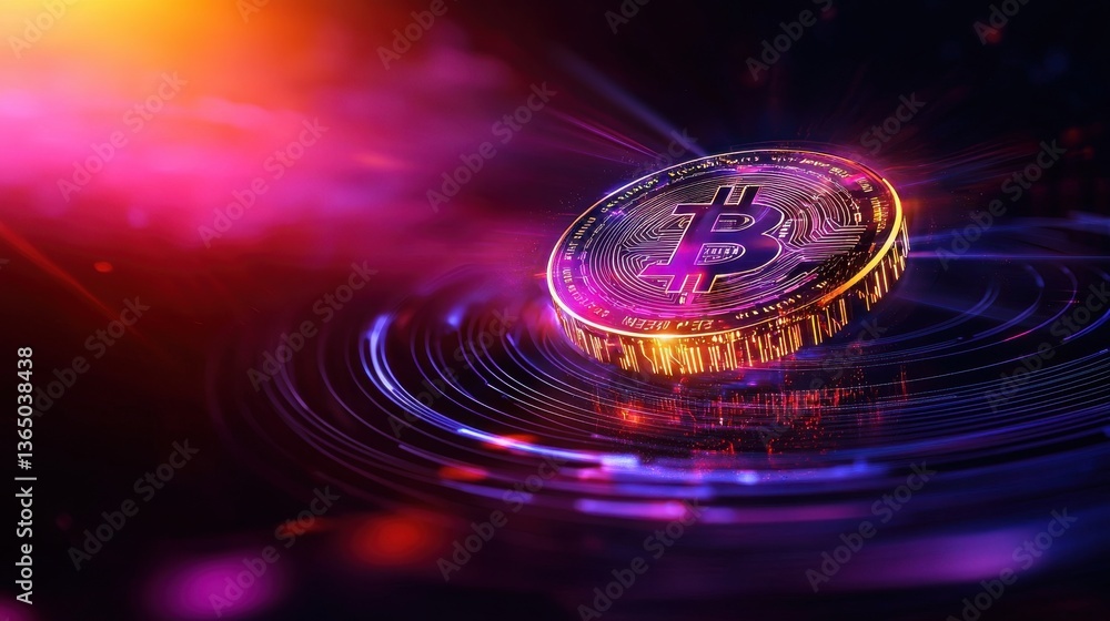 Poster glowing bitcoin cryptocurrency symbol floating in a futuristic digital landscape with ripples and re