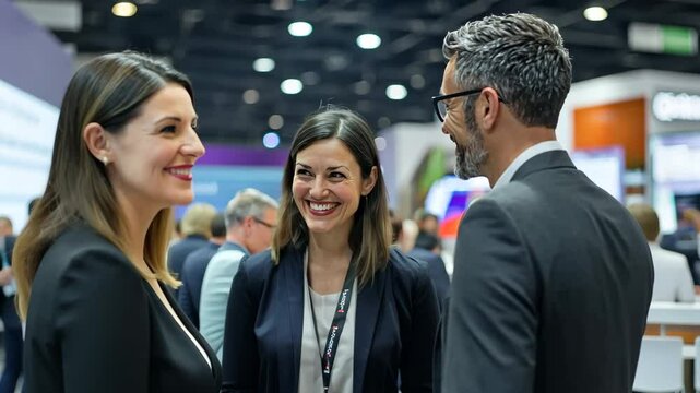 A businesswoman with a subtle smile and bright eyes stands confidently in a vibrant conversation space, her professional attire highlighting her calm and approachable nature.