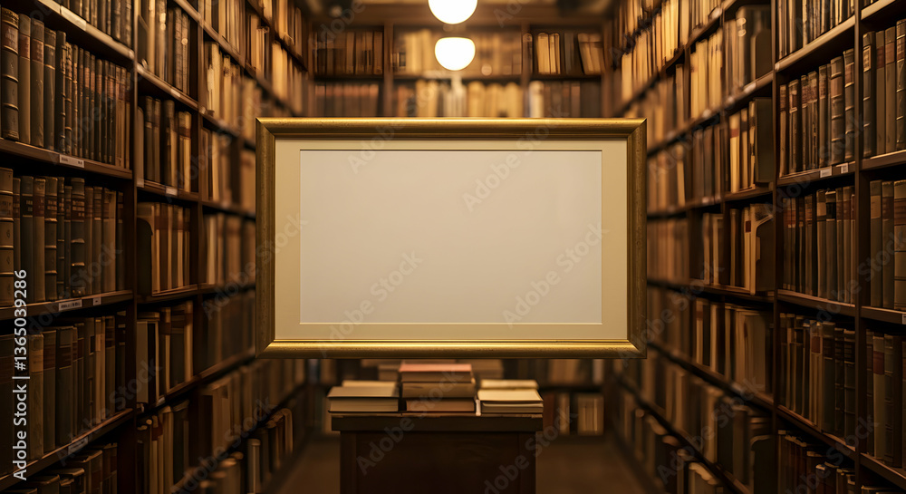 Poster Empty Gold Frame Displayed In A Warm Library