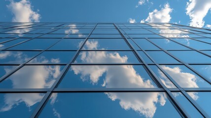 Modern Glass Building Reflecting Blue Sky and Clouds