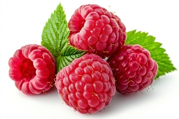 Fresh Raspberries with Green Leaves Close Up on White Background