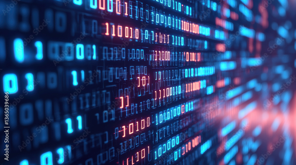 Poster glowing binary code in blue red creates futuristic digital pattern, evoking sense of technology inno