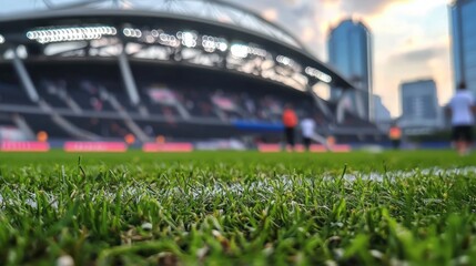 Fototapeta premium Soccer Field Stadium Cityscape Grass Sports Game Green Turf Modern Architecture Ev