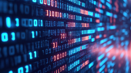 Fototapeta premium Glowing binary code in blue red creates futuristic digital pattern, evoking sense of technology innovation