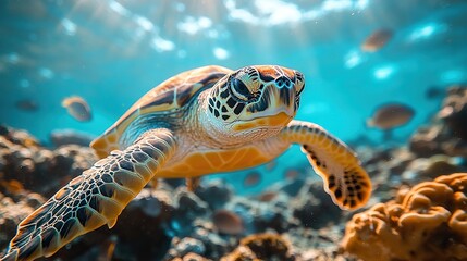 Sunbeams on coral reef, sea turtle amidst colorful fish.