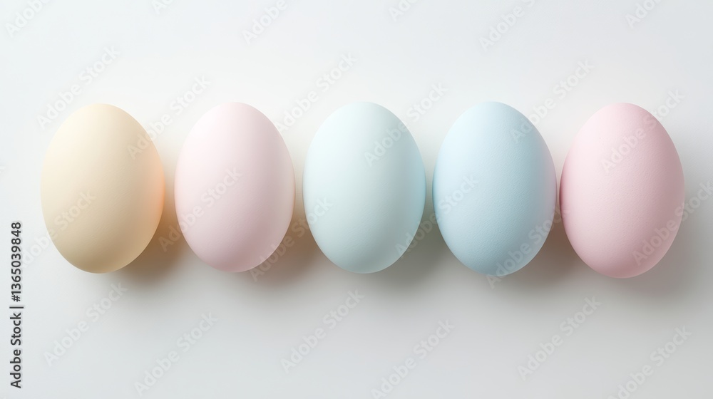 Poster five pastel-colored eggs arranged in a straight line on a smooth white surface, creating a soft and 