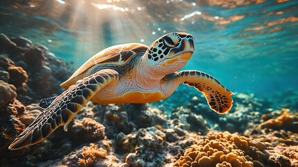 Obraz premium Sunbeams on coral reef, sea turtle gliding-underwater beauty.