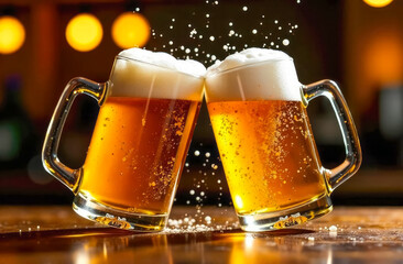 Two large mugs of beer collided with each other