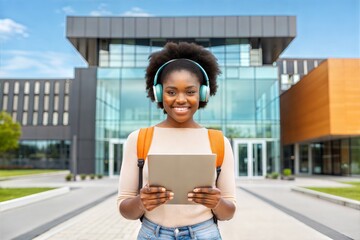 E-Learning. Happy young Black woman using a tablet and wearing headphones outside a modern university building, browsing the internet. Concept of modern online education. (Education)