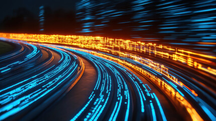 Glowing neon data highway with futuristic city elements, vibrant blue orange lights create dynamic, energetic scene