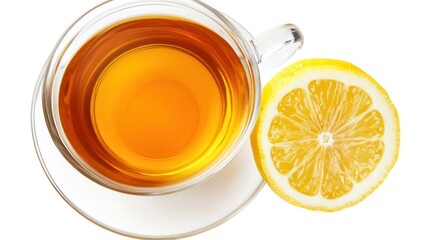 Glass cup of tea with lemon slice on white background