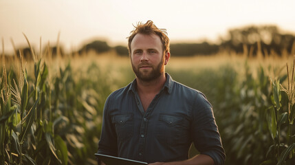Portrait of a young male farmer standing confidently in the middle of a lush cornfield at golden hour. The man is holding a digital tablet, symbolizing modern agriculture and smart farming technologie